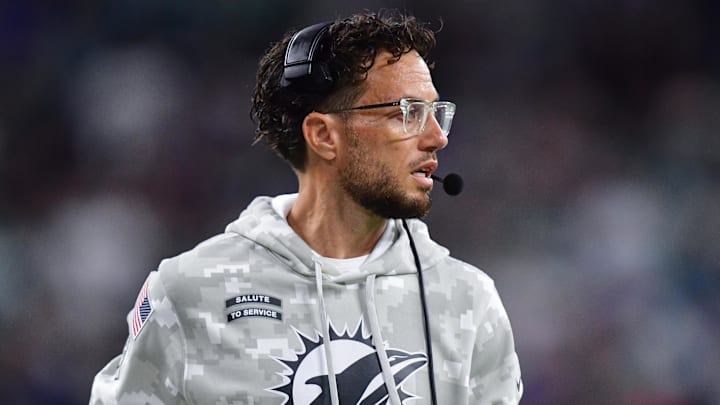 Nov 11, 2024; Inglewood, California, USA; Miami Dolphins head coach Mike McDaniel watches game action against the Los Angeles Rams during the second half at SoFi Stadium. Mandatory Credit: Gary A. Vasquez-Imagn Images