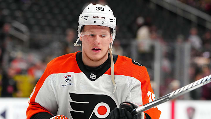 Jan 19, 2026; Las Vegas, Nevada, USA; Philadelphia Flyers right wing Matvei Michkov (39) warms up before a game against the Vegas Golden Knights at T-Mobile Arena. Mandatory Credit: Stephen R. Sylvanie-Imagn Images