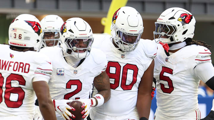 Oct 12, 2025; Indianapolis, Indiana, USA; Arizona Cardinals linebacker Mack Wilson (2) celebrates after a play against the Indianapolis Colts during the first quarter of the game at Lucas Oil Stadium. Mandatory Credit: Trevor Ruszkowski-Imagn Images