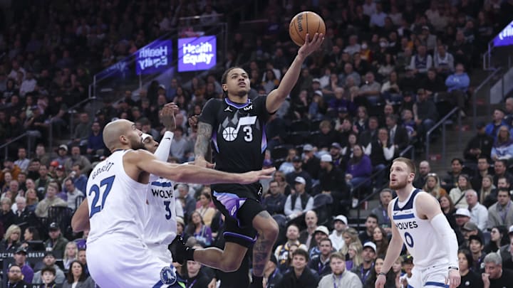Jan 20, 2026; Salt Lake City, Utah, USA; Utah Jazz guard Keyonte George (3) goes for a lay up against the Minnesota Timberwolves during the first half at Delta Center. Mandatory Credit: Rob Gray-Imagn Images Jan 20, 2026; Salt Lake City, Utah, USA; Utah Jazz guard Keyonte George (3) goes for a lay up against the Minnesota Timberwolves during the first half at Delta Center. Mandatory Credit: Rob Gray-Imagn Images