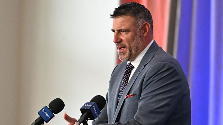 Jan 13, 2025; Foxborough, MA, USA; Mike Vrabel addresses media at a press conference to announce his hiring as the New England Patriots head coach at Gillette Stadium. Mandatory Credit: Eric Canha-Imagn Images