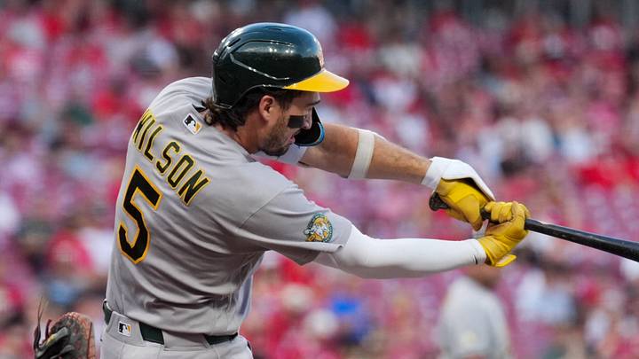 Aug 4, 2026; Cincinnati, Ohio, USA; Athletics' shortstop Jacob Wilson hits a two-run double against the Cincinnati Reds in the fifth inning at Great American Ball Park. Mandatory Credit: Aaron Doster-Imagn Images Aug 4, 2026; Cincinnati, Ohio, USA; Athletics' shortstop Jacob Wilson hits a two-run double against the Cincinnati Reds in the fifth inning at Great American Ball Park. Mandatory Credit: Aaron Doster-Imagn Images