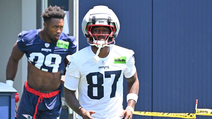 Jun 10, 2026; Foxborough, MA, USA; New England Patriots wide receiver Romeo Doubs (87) arrives at the practice field for minicamp at Gillette Stadium. Mandatory Credit: Eric Canha-Imagn Images Jun 10, 2026; Foxborough, MA, USA; New England Patriots wide receiver Romeo Doubs (87) arrives at the practice field for minicamp at Gillette Stadium. Mandatory Credit: Eric Canha-Imagn Images