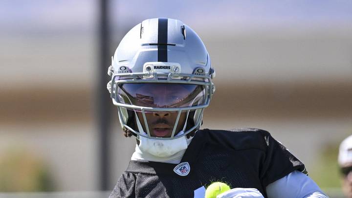 May 20, 2026; Henderson, NV, USA; Las Vegas Raiders wide receiver Tre Tucker (1) practices during organized team activities at Intermountain Health Performance Center. Mandatory Credit: Candice Ward-Imagn Images