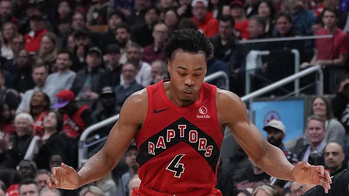 May 1, 2026; Toronto, Ontario, CAN; Toronto Raptors forward Scottie Barnes (4) battles for the ball with Cleveland Cavaliers guard James Harden (1) during the second quarter in game six of the first round of the 2026 NBA Playoffs at Scotiabank Arena. Mandatory Credit: Nick Turchiaro-Imagn Images