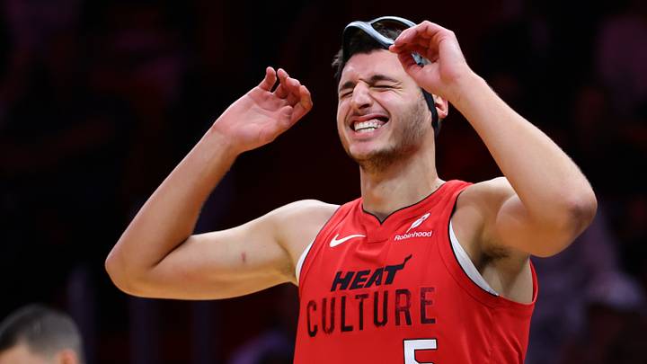 Miami Heat forward Nikola Jovic (5) reacts (Mandatory Credit: Sam Navarro-Imagn Images)