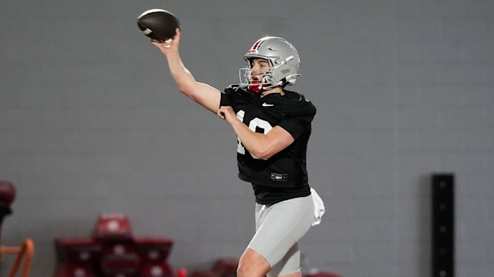 Ohio State Buckeyes quarterback Julian Sayin (10) throws during spring football practice at the Woody Hayes Athletic Center in Columbus on March 19, 2025. Ohio State Buckeyes quarterback Julian Sayin (10) throws during spring football practice at the Woody Hayes Athletic Center in Columbus on March 19, 2025.