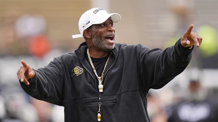 Oct 11, 2025; Boulder, Colorado, USA; Colorado Buffaloes head coach Deion Sanders before the game against the Iowa State Cyclones at Folsom Field. Mandatory Credit: Ron Chenoy-Imagn Images