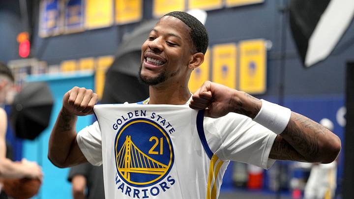 Sep 28, 2026; San Francisco, CA, USA;  Golden State Warriors forward Dalen Terry (21) interacts with media during Media Day at the Chase Center.  Mandatory Credit: Cary Edmondson-Imagn Images