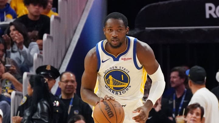 Oct 5, 2025; San Francisco, California, USA;  Golden State Warriors forward Jonathan Kuminga (1) dribbles upcourt against the Los Angeles Lakers in the third quarter at Chase Center. Mandatory Credit: David Gonzales-Imagn Images