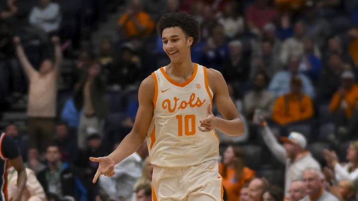 Tennessee Volunteers forward Nate Ament (10) reacts after a made three point basket against the Auburn Tigers during the second half at Bridgestone Arena, Mar 12, 2026.