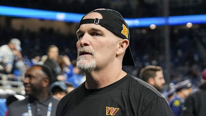 Washington Commanders head coach Dan Quinn walks up the tunnel during warm up before the NFC divisional round between Detroit Lions and Washington Commanders at Ford Field in Detroit on Saturday, Jan. 18, 2025.