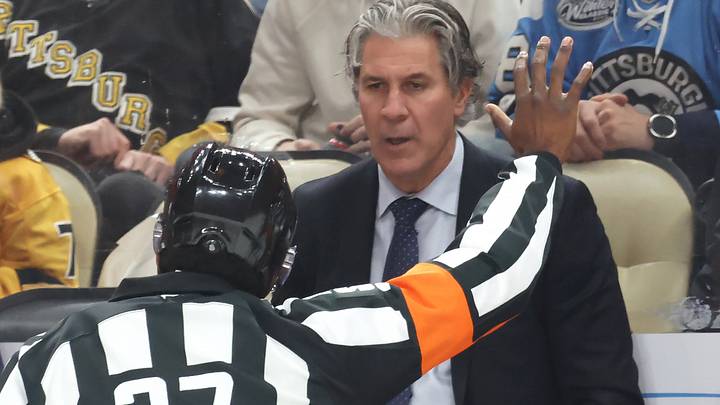 Mar 24, 2026; Pittsburgh, Pennsylvania, USA; Colorado Avalanche head. Coach Jared Bednar (right) asks referee Jordan Samuels-Thomas (37) to review a goal by the Pittsburgh Penguins during the second period at PPG Paints Arena. Mandatory Credit: Charles LeClaire-Imagn Images Mar 24, 2026; Pittsburgh, Pennsylvania, USA; Colorado Avalanche head. Coach Jared Bednar (right) asks referee Jordan Samuels-Thomas (37) to review a goal by the Pittsburgh Penguins during the second period at PPG Paints Arena. Mandatory Credit: Charles LeClaire-Imagn Images