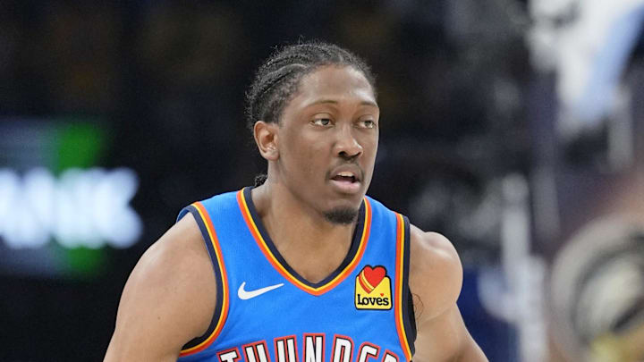Jun 22, 2025; Oklahoma City, Oklahoma, USA; Oklahoma City Thunder forward Jalen Williams (8) dribbles the ball against the Indiana Pacers during the second half of game seven of the 2025 NBA Finals at Paycom Center. Mandatory Credit: Kyle Terada-Imagn Images