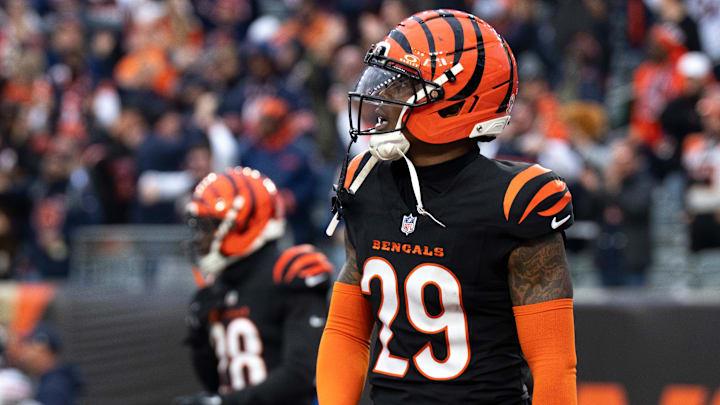 Cincinnati Bengals cornerback Cam Taylor-Britt (29) reacts to Chicago Bears tight end Colston Loveland (84) scoring a go ahead touchdown in the fourth quarter of the NFL football game between Chicago Bears and Cincinnati Bengals at Paycor Stadium in Cincinnati on Nov. 2, 2025.