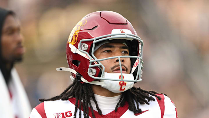 Sep 13, 2025; West Lafayette, Indiana, USA; Southern California Trojans wide receiver Makai Lemon (6) warms up before the game against the Purdue Boilermakers at Ross-Ade Stadium. Mandatory Credit: Marc Lebryk-Imagn Images