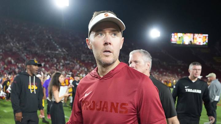 Sep 4, 2026; Los Angeles, California, USA; Southern California Trojans head coach Lincoln Riley reacts after the game against the Fresno State Bulldogs at United Airlines Field at Los Angeles Memorial Coliseum.