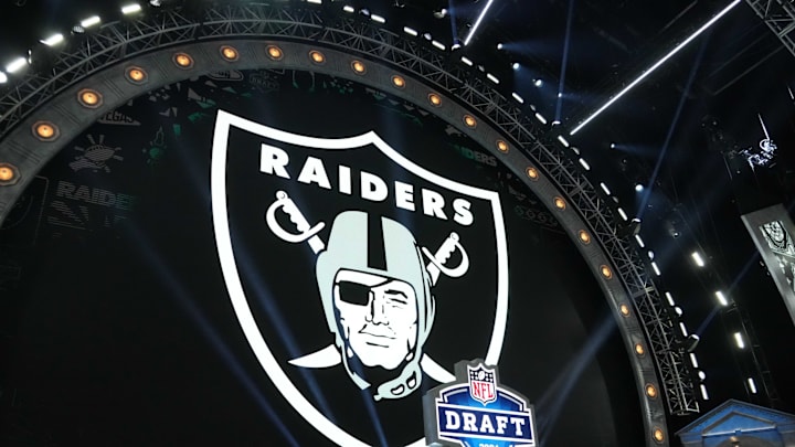 Apr 25, 2024; Detroit, MI, USA; A Las Vegas Raiders logo at the 2024 NFL Draft at Campus Martius Park and Hart Plaza. Mandatory Credit: Kirby Lee-Imagn Images