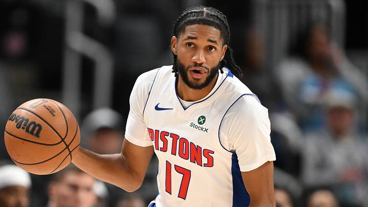Oct 5, 2026; Detroit, Michigan, USA;  Detroit Pistons guard Isaiah Joe (17) takes the ball up the court against the Phoenix Suns in the first quarter at Little Caesars Arena.  Mandatory Credit: Lon Horwedel-Imagn Images