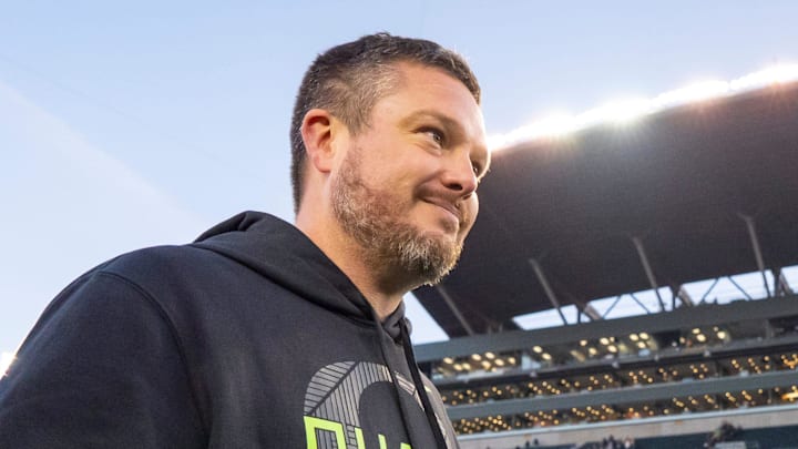 Oregon head coach Dan Lanning walks off after his win as the Oregon Ducks host the USC Trojans on Nov. 22, 2025, at Autzen Stadium in Eugene, Oregon.