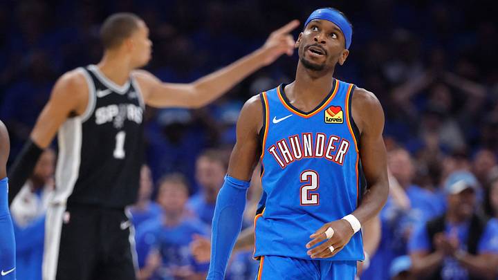 May 30, 2026; Oklahoma City, Oklahoma, USA; Oklahoma City Thunder guard Shai Gilgeous-Alexander (2) reacts in the second quarter against the San Antonio Spurs during game seven of the western conference finals for the 2026 NBA playoffs at Paycom Center. Mandatory Credit: Alonzo Adams-Imagn Images May 30, 2026; Oklahoma City, Oklahoma, USA; Oklahoma City Thunder guard Shai Gilgeous-Alexander (2) reacts in the second quarter against the San Antonio Spurs during game seven of the western conference finals for the 2026 NBA playoffs at Paycom Center. Mandatory Credit: Alonzo Adams-Imagn Images