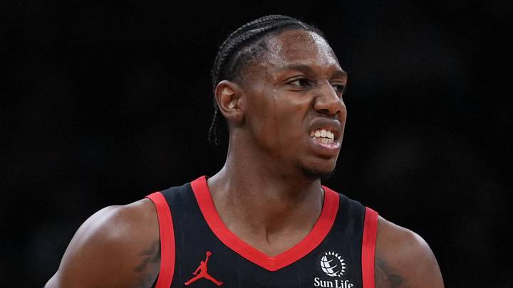 Jan 9, 2026; Boston, Massachusetts, USA; Toronto Raptors forward RJ Barrett (9) reacts after his three point basket against the Boston Celtics in the second quarter at TD Garden. Mandatory Credit: David Butler II-Imagn Images