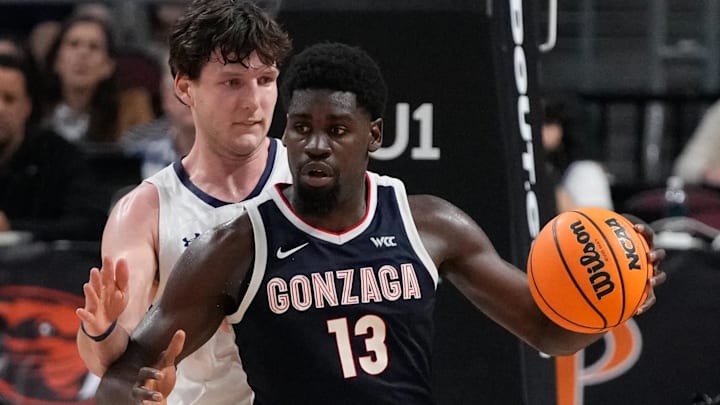 March 11, 2025; Las Vegas, NV, USA; Gonzaga Bulldogs forward Graham Ike (13) during the first half in the final of the West Coast Conference tournament at Orleans Arena. Mandatory Credit: Kyle Terada-Imagn Images