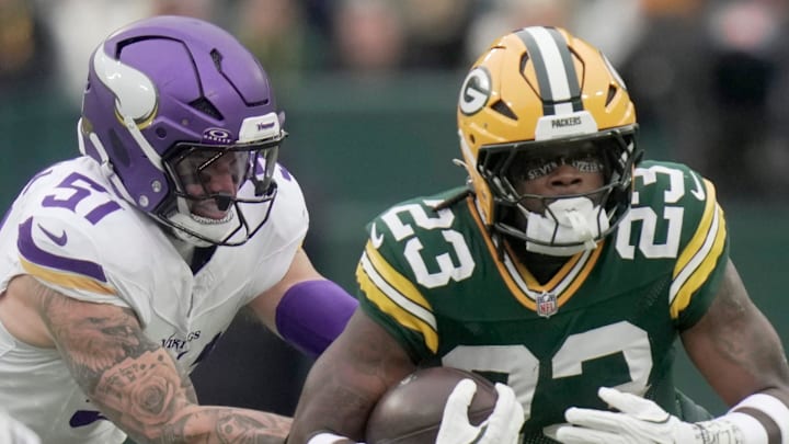 Green Bay Packers running back Emanuel Wilson (23) runs the ball during the first quarter of their game against the Minnesota Vikings /