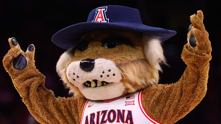 Dec 20, 2025; Phoenix, Arizona, USA; Arizona Wildcats mascot Wilbur reacts against the San Diego State Aztecs in the second half during the Hall of Fame Series at Mortgage Matchup Center. Mandatory Credit: Mark J. Rebilas-Imagn Images