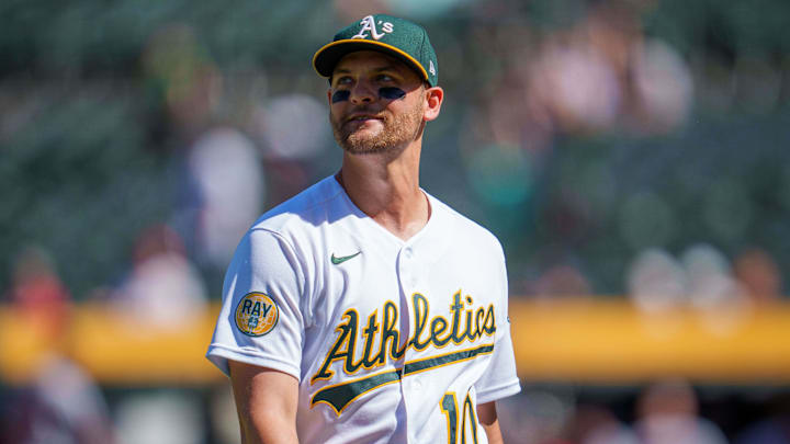 May 18, 2022; Oakland, California, USA; Oakland Athletics left fielder Chad Pinder (10) returns to the dugout after the ninth inning against the Minnesota Twins at RingCentral Coliseum. Mandatory Credit: Neville E. Guard-Imagn Images