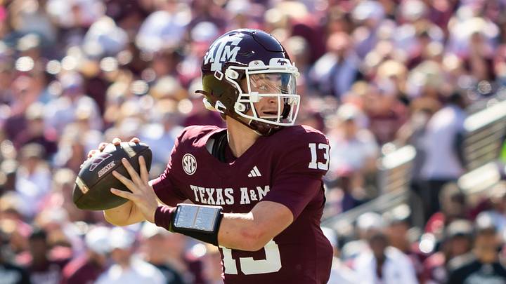 Texas A&M Aggies quarterback Brady Hart (13) attempts a pass in the first half of a game against the Samford Bulldogs at Kyle Field. Texas A&M Aggies quarterback Brady Hart (13) attempts a pass in the first half of a game against the Samford Bulldogs at Kyle Field.