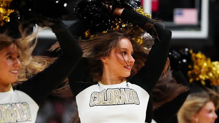 Mar 7, 2026; Boulder, Colorado, USA; Colorado Buffaloes dance team performs in the second half against the Arizona Wildcats at the CU Events Center. 