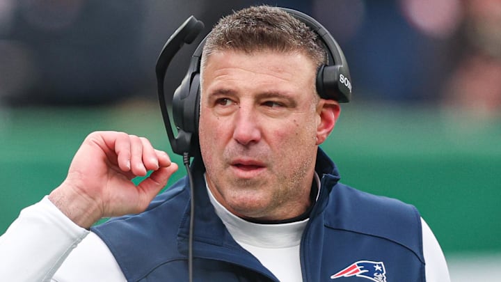 Dec 28, 2025; East Rutherford, New Jersey, USA;  New England Patriots head coach Mike Vrabel looks on during the first half against the New York Jets at MetLife Stadium. Mandatory Credit: Vincent Carchietta-Imagn Images
