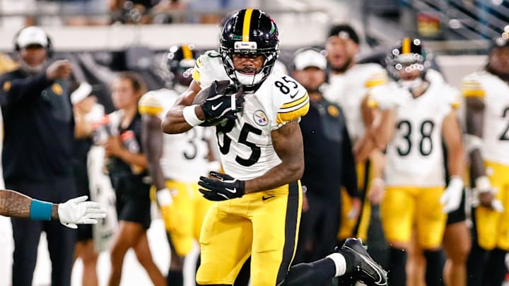Aug 9, 2025; Jacksonville, Florida, USA; Pittsburgh Steelers wide receiver Ke'Shawn Williams (85) runs after a catch against the Jacksonville Jaguars during a preseason game at EverBank Stadium. Mandatory Credit: Travis Register-Imagn Images