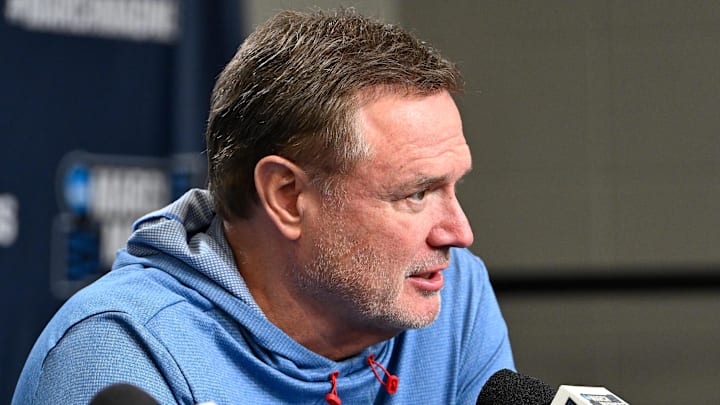 Mar 19, 2025; Providence, RI, USA; Kansas Jayhawks head coach Bill Self speaks to the media during a press conference at Amica Mutual Pavilion. Mandatory Credit: Eric Canha-Imagn Images
