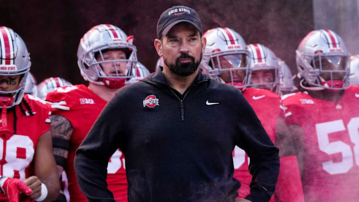 Ohio State Buckeyes head coach Ryan Day prepares to take the field prior to the NCAA football game against the Nebraska Cornhuskers at Ohio Stadium in Columbus on Saturday, Oct. 26, 2024.