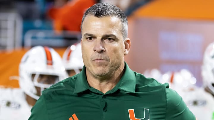 Jan 19, 2026; Miami Gardens, FL, USA; Miami Hurricanes head coach Mario Cristobal against the Indiana Hoosiers during the College Football Playoff National Championship game at Hard Rock Stadium. Mandatory Credit: Mark J. Rebilas-Imagn Images