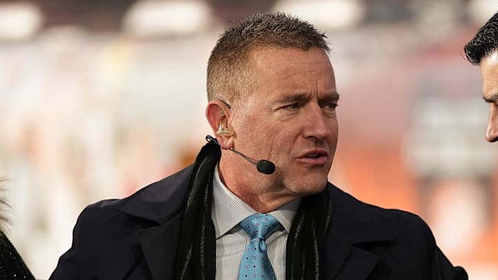 Ohio State head coach Ryan Day talks to Kirk Herbstreit