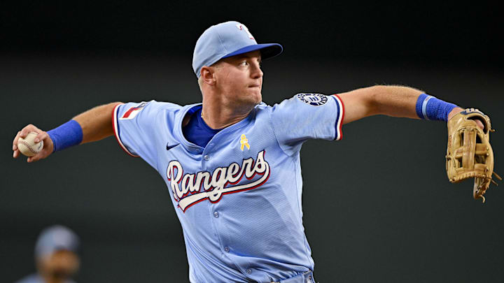 Texas Rangers third baseman Josh Jung (6) throws out Houston Astros catcher Yainer Diaz (not pictured) during the second inning at Globe Life Field. Texas Rangers third baseman Josh Jung (6) throws out Houston Astros catcher Yainer Diaz (not pictured) during the second inning at Globe Life Field.