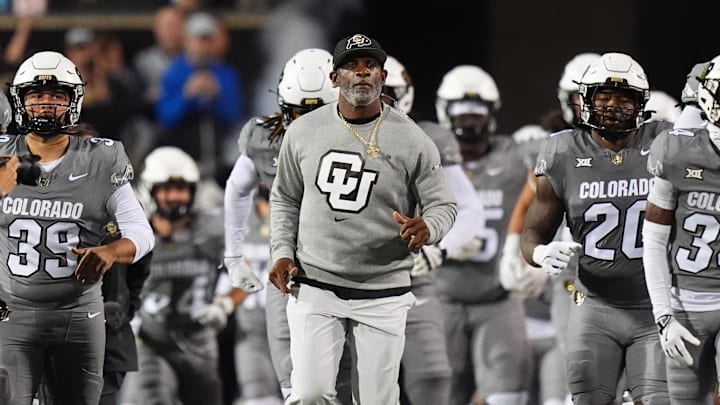 Oct 26, 2024; Boulder, Colorado, USA; Colorado Buffaloes head coach Deion Sanders leads out the team before the game against the Cincinnati Bearcats at Folsom Field. Mandatory Credit: Ron Chenoy-Imagn Images Oct 26, 2024; Boulder, Colorado, USA; Colorado Buffaloes head coach Deion Sanders leads out the team before the game against the Cincinnati Bearcats at Folsom Field. Mandatory Credit: Ron Chenoy-Imagn Images
