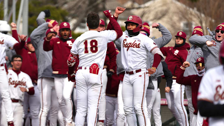 Boston College baseball celebrating a home run by Kyle Wolff against Virginia. Boston College baseball celebrating a home run by Kyle Wolff against Virginia.