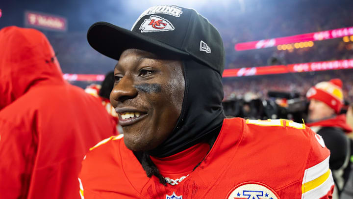Jan 26, 2025; Kansas City, MO, USA; Kansas City Chiefs wide receiver Hollywood Brown (5) celebrates after defeating the Buffalo Bills in the AFC Championship game at GEHA Field at Arrowhead Stadium. Mandatory Credit: Mark J. Rebilas-Imagn Images