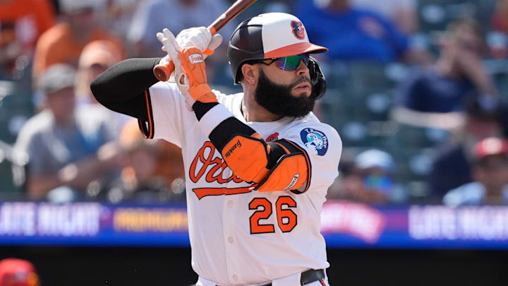 May 26, 2025; Baltimore, Maryland, USA; Baltimore Orioles third baseman Emmanuel Rivera (26) at bat against the St. Louis Cardinals during the fourth inning at Oriole Park at Camden Yards May 26, 2025; Baltimore, Maryland, USA; Baltimore Orioles third baseman Emmanuel Rivera (26) at bat against the St. Louis Cardinals during the fourth inning at Oriole Park at Camden Yards