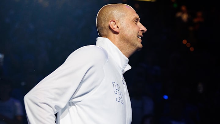 Oct 11, 2024; Lexington, KY, USA; Kentucky Wildcats head coach Mark Pope runs onto the court during Big Blue Madness at Rupp Arena at Central Bank Center. Mandatory Credit: Jordan Prather-Imagn Images