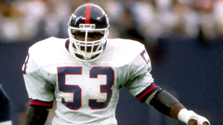 Sep 20, 1987; E. Rutherford, NJ, USA; FILE PHOTO; New York Giants linebacker Harry Carson during the 1987 season.Carson played from 1976-1988 for the Giants and led Giants defenders in tackles five seasons.He played in 9 Pro Bowls including 7 straight .