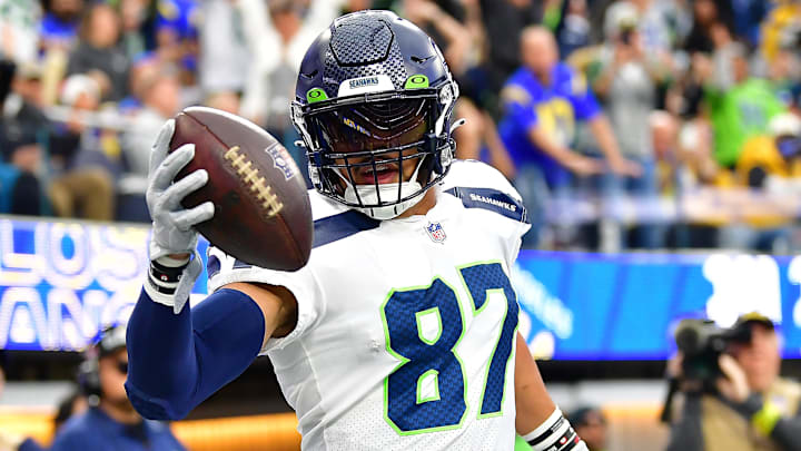 Dec 4, 2022; Inglewood, California, USA; Seattle Seahawks tight end Noah Fant (87) celebrates his touchdown scored against the Los Angeles Rams during the first half at SoFi Stadium.