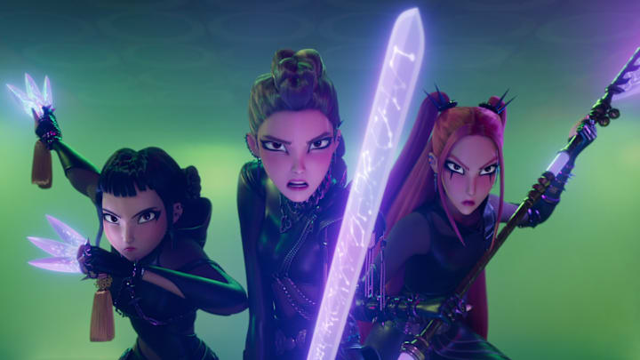 (L-R) Zoey (voice by JI-YOUNG YOO), Rumi (voice by ARDEN CHO) and Mira (voice by MAY HONG) in KPop Demon Hunters