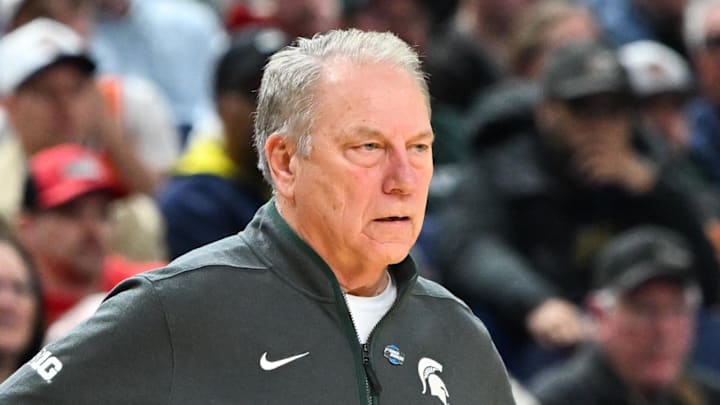 Mar 19, 2026; Buffalo, NY, USA; Michigan State Spartans head coach Tom Izzo looks on during the second half against the North Dakota State Bison during a first round game of the men's 2026 NCAA Tournament at Keybank Center. Mandatory Credit: Mark Konezny-Imagn Images