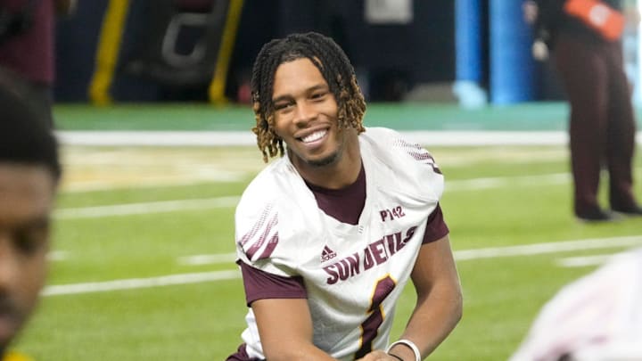 Arizona State defensive back Keith Abney II (1) stretches during open media availability at the Georgia Tech practice facility on Monday, Dec. 30, 2024. They will play Texas in the Chick-fil-A Peach Bowl on Jan. 1, 2024.