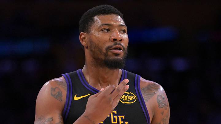 Los Angeles Lakers guard Marcus Smart (36) reacts after a three-point basket in the NBA Playoffs against the Houston Rockets at Crypto.com Arena on April 21, 2026.